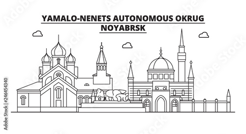 Russia, Noyabrsk . City skyline: architecture, buildings, streets, silhouette, landscape, panorama, landmarks. Editable strokes. Flat design line vector illustration concept