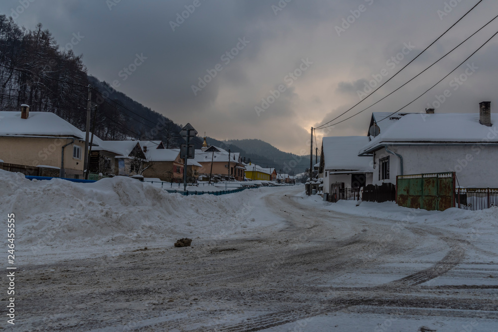Hrencisov village near Lipany town in winter mountains