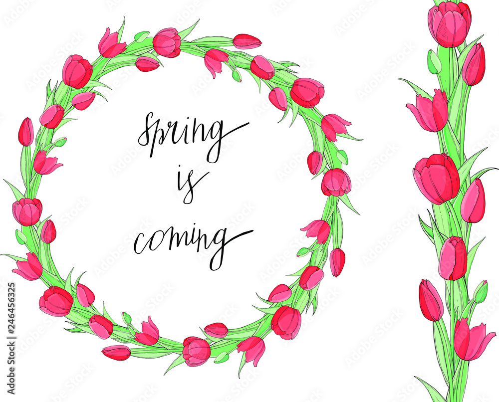 Stock vector floral set of seamless flower brush from red tulips and beautiful wreath. Isolated and hand drawn vector illustration. Floral design, flower backdrop. Festive hand drawn pattern, spring Stock vector floral set of seamless flower brush from red tulips and beautiful wreath. Isolated and hand drawn vector illustration. Floral design, flower backdrop. Festive hand drawn pattern, spring