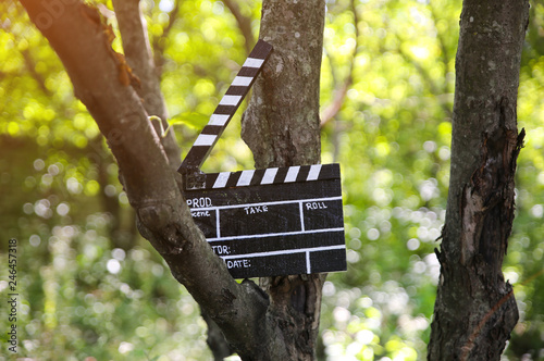 Fototapeta Naklejka Na Ścianę i Meble -  Black clapperboard hanging on the tree in park . Directing and filming of  some amateur cinema movie.