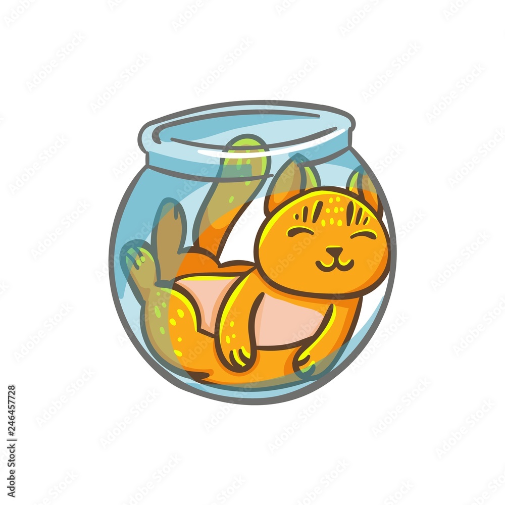 Vector cute cat character in an aquarium, liquid cat Сartoon style isolated on white background. illustration for kids fashion, funny kitten in cartoon. Ideal for invitations, baby shower, nursery Vector cute cat character in an aquarium, liquid cat Сartoon style isolated on white background. illustration for kids fashion, funny kitten in cartoon. Ideal for invitations, baby shower, nursery