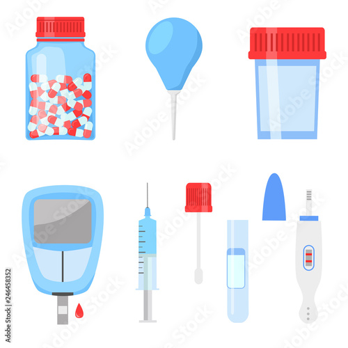 Icons set of drug, syringe, pregnancy test and other medication. Color vector illustration