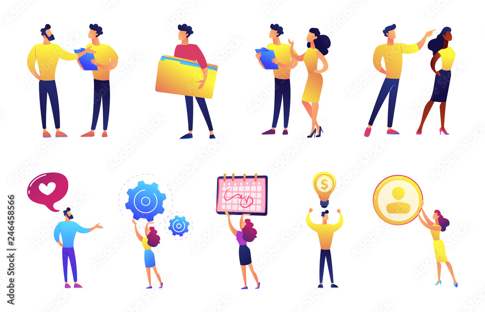 Business people meeting and discussion vector illustrations set. Business conference and training, teamwork and collaboration, brainstorm and idea concept. Vector illustrations set isolated on white Business people meeting and discussion vector illustrations set. Business conference and training, teamwork and collaboration, brainstorm and idea concept. Vector illustrations set isolated on white