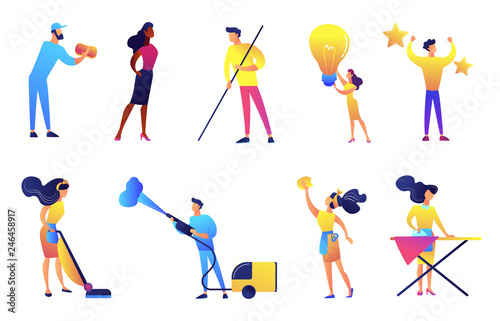 Cleaning service company workers and cleaners vector illustrations set. Cleaning company staff, professional cleaning services concept. Vector illustrations set isolated on white background.