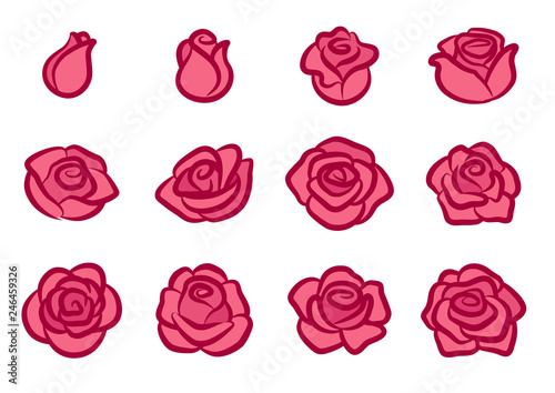 Rose blossom icon set. Simple pink and red rose flower design elements for Valentine's day, love, nature, gardening theme.
