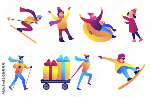 Winter fun and sports vector illustrations set. Winter holidays and presents  outdoor activities and skiing  snowboarding and winter games. Vector illustrations set isolated on white background.