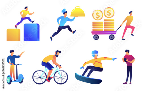 Businessman outdoor activities vector illustrations set. Cycling and snowboarding, segway riding and food delivery, businessman with smartphone. Vector illustrations set isolated on white background.