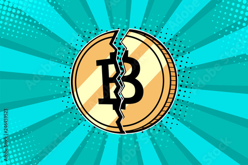 Golden bitcoin coin broken in half. Colorful vector illustration in pop art retro comic style.  photo