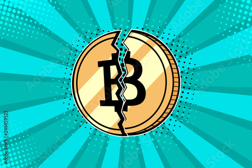 Golden bitcoin coin broken in half. Colorful vector illustration in pop art retro comic style. 