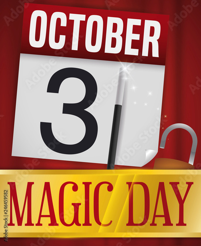 Calendar with Padlock, Wand and Date for Magic Day, Vector Illustration
