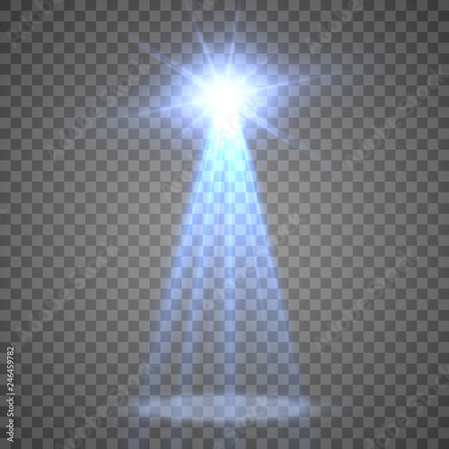Light sources, concert lighting, spotlights. Concert spotlight with beam, illuminated spotlights for web design illustration.