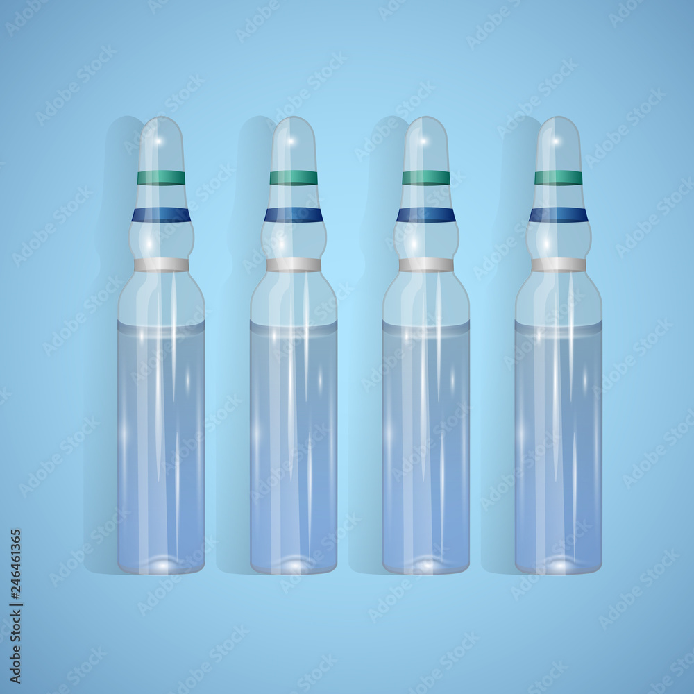 Ampoule. Set of ampoules. Hermetically sealed glass vessel, intended for storage of medicinal preparations. Medicine and healthcare. Vector illustration.