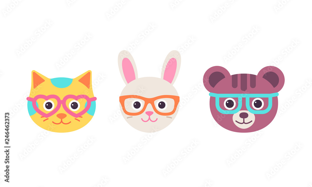 Cat hare, bear faces with glasses. Vector. Cute animal head. Cartoon kitten, bunny, bear character set. Sweet silhouette, flat design isolated. Collection icons on white background. Funny illustration