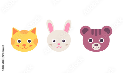 Cat hare  bear faces. Vector. Cute animal head. Cartoon happy kitten  bunny  bear character set. Sweet silhouette in flat design isolated. Collection icons on white background. Funny illustration.