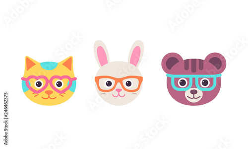 Cat hare, bear faces with glasses. Vector. Cute animal head. Cartoon kitten, bunny, bear character set. Sweet silhouette, flat design isolated. Collection icons on white background. Funny illustration © maradaisy