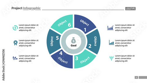 Pie chart with six parts template. Business data. Diagram, infographic, design. Creative concept for infographic, template, presentation. Can be used for topics like management, marketing, analysis.