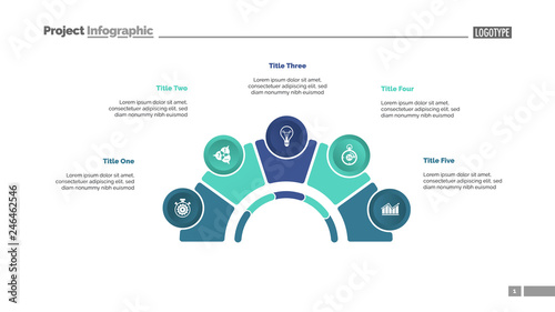Process chart with five elements. Step diagram, pie chart, layout. Creative concept for infographics, presentation, project, report. Can be used for topics like management, strategy, planning.