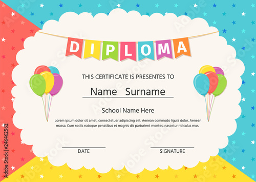 Diploma, certificate for kid. Vector. Graduation background. Cute preschool, kindergarten, school graduate template. Layout design. Cartoon playful illustration. Winner blank with balloons, stars.