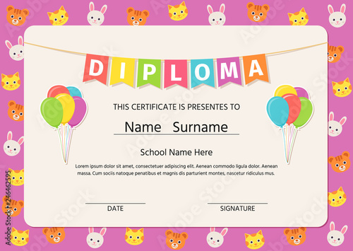 Kid diploma, certificate. Vector. Graduation background. Cute preschool, kindergarten, school graduate template. Layout design. Cartoon playful illustration. Winner blank with balloons, flags.
