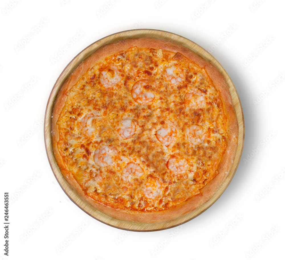 Isolated image of pizza with shrimps and olives on a white background