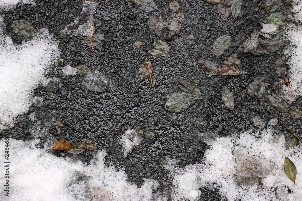 Melting snow asphalt slush water puddle flow dirty street sidewalk Melting snow asphalt slush water puddle flow dirty street sidewalk