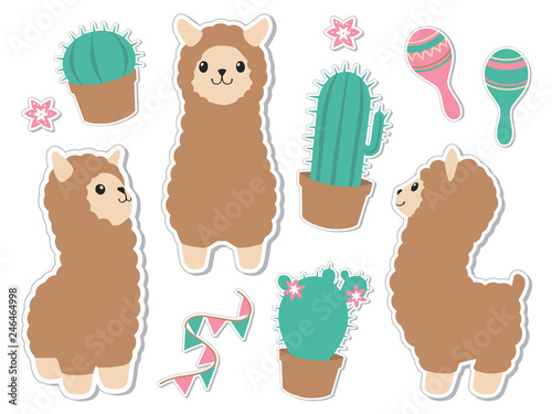 Cute collection of vector graphic brown fluffy  alpacas or lamas with cuctus rumba shakers and flowers