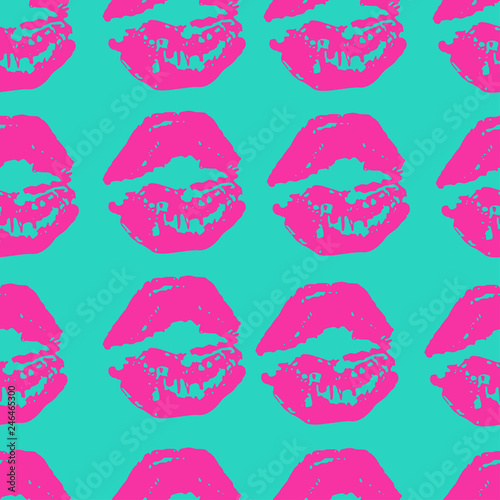 Seamless pattern of plastic pink lipstick prints imprints on turquoise background.