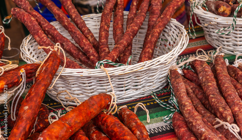 traditional Spanish sausages arranged at the stand