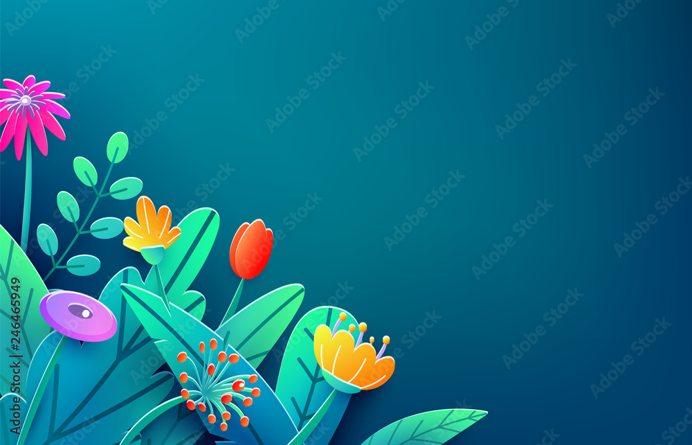 Φωτογραφία Summer border with paper cut fantasy flowers, leaves, isolated on dark