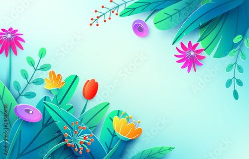 Summer background with paper cut fantasy flowers, leaves, isolated on light. Minimal 3d style floral spring concept. Corner composition, copy space. Bright nature origami bouquet. Vector illustration