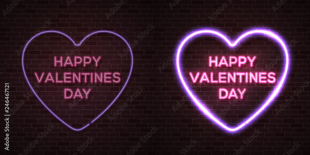 Happy Valentines Day card with neon letters. Heart shape glowing electric frame. Turn on and off Happy Valentines Day card with neon letters. Heart shape glowing electric frame. Turn on and off
