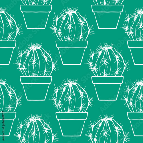 Seamless pattern with cactus. Drawing with houseplant. Graphic texture.