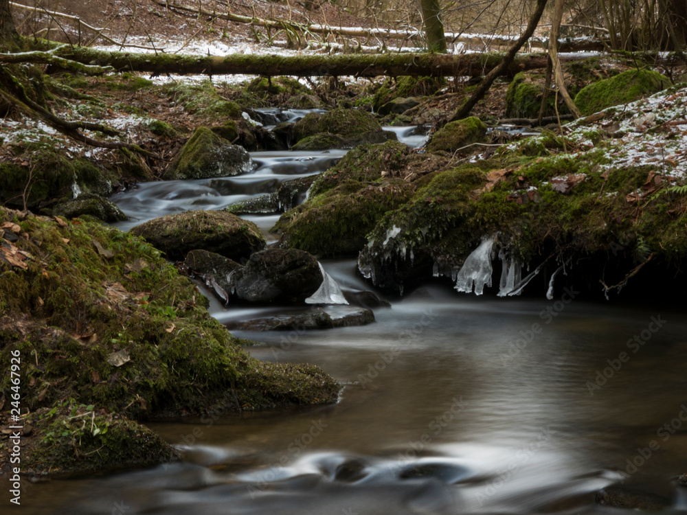 smooth motion of wild water in a river in winter with snow and ice on rocks and stones in the beautiful nature of a forest smooth motion of wild water in a river in winter with snow and ice on rocks and stones in the beautiful nature of a forest