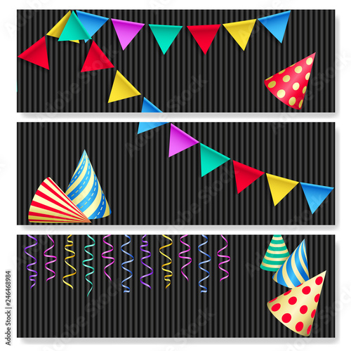 Set of horizontal festive banners. Birthday party hats, bunting flags and streamers