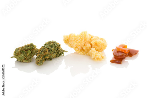 Cannabis concentrate shatter, bud and crumble.