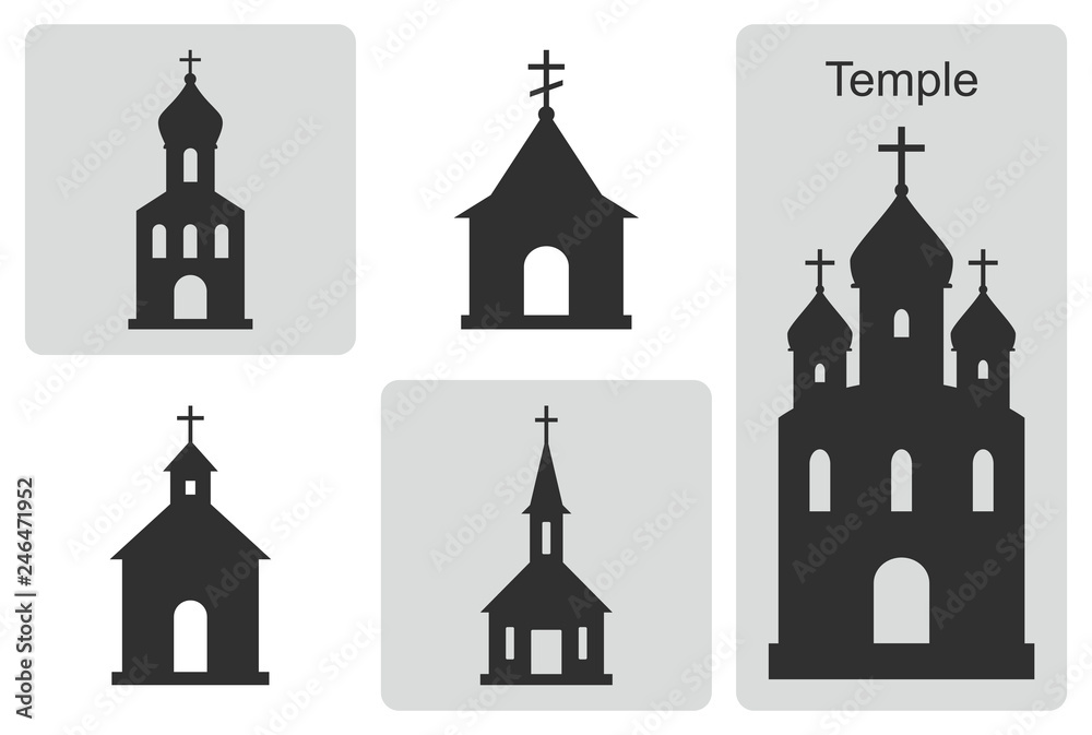 Temple. Set of vector icons. Outline of Christian cathedral, a church or the chapel.