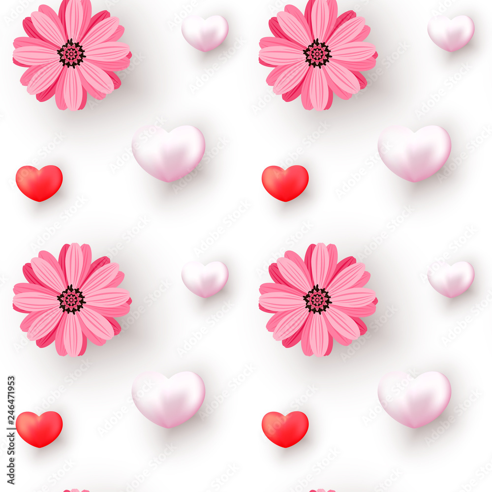 Romantic Valentines Day seamless pattern with realistic hearts isolated on white.