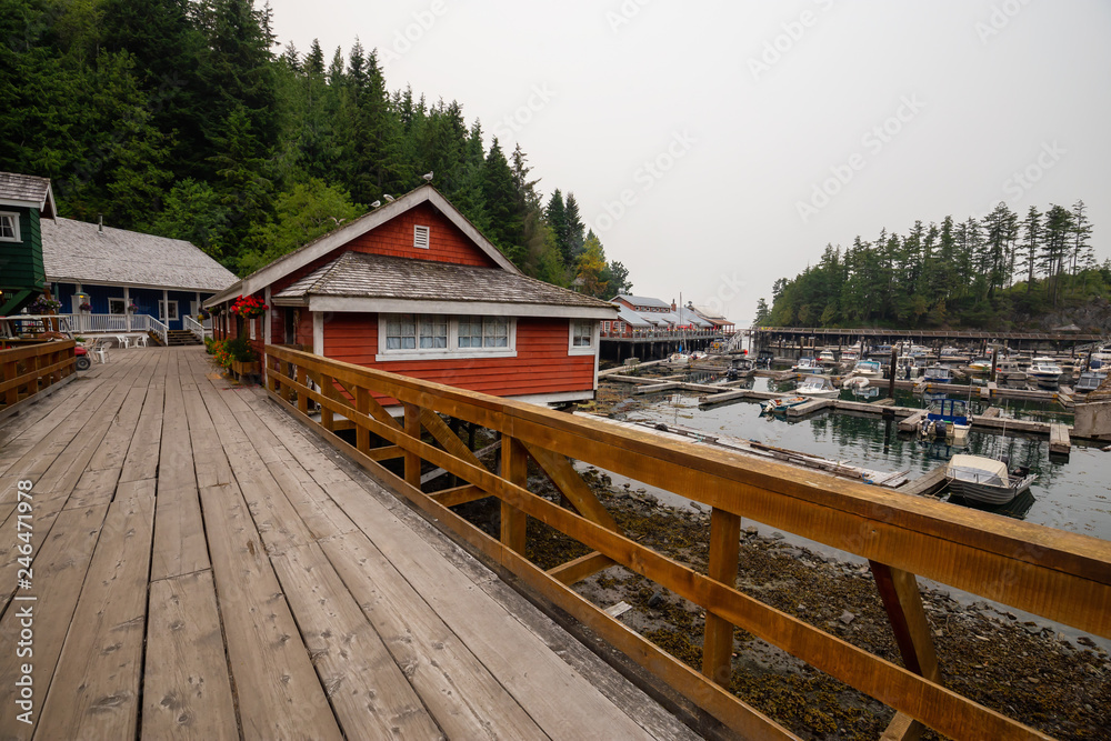 Telegraph Cove, Vancouver Island, BC, Canada - August 20, 2018: Beautiful view on the marina during a foggy day. Telegraph Cove, Vancouver Island, BC, Canada - August 20, 2018: Beautiful view on the marina during a foggy day.