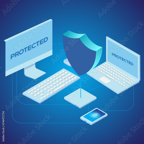 Network security concept with laptop, computer and smarphone. Vector.