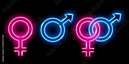 Neon glowing icons of venus and mars isolated on black background. Male and female sex symbols. Design elements. Vector 10 EPS illustration.