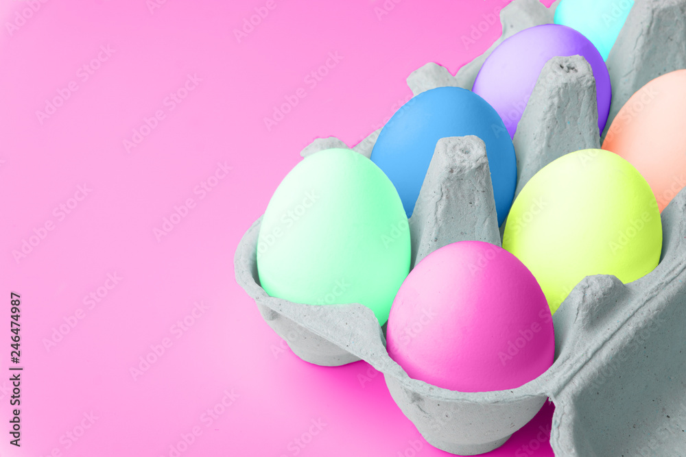 Minimal concept Easter. Eggs in neon colors. Minimal background