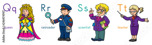 ABC professions set. Queen, scientist, teacher, railroader