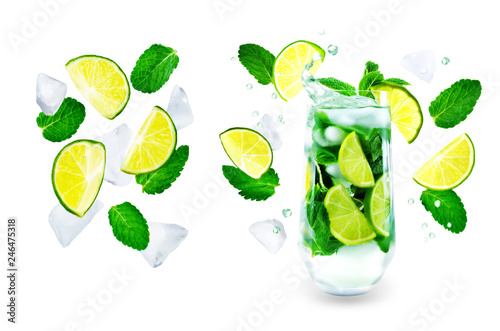 Mojito coctail  with fresh mint leaves and lime slice isolated