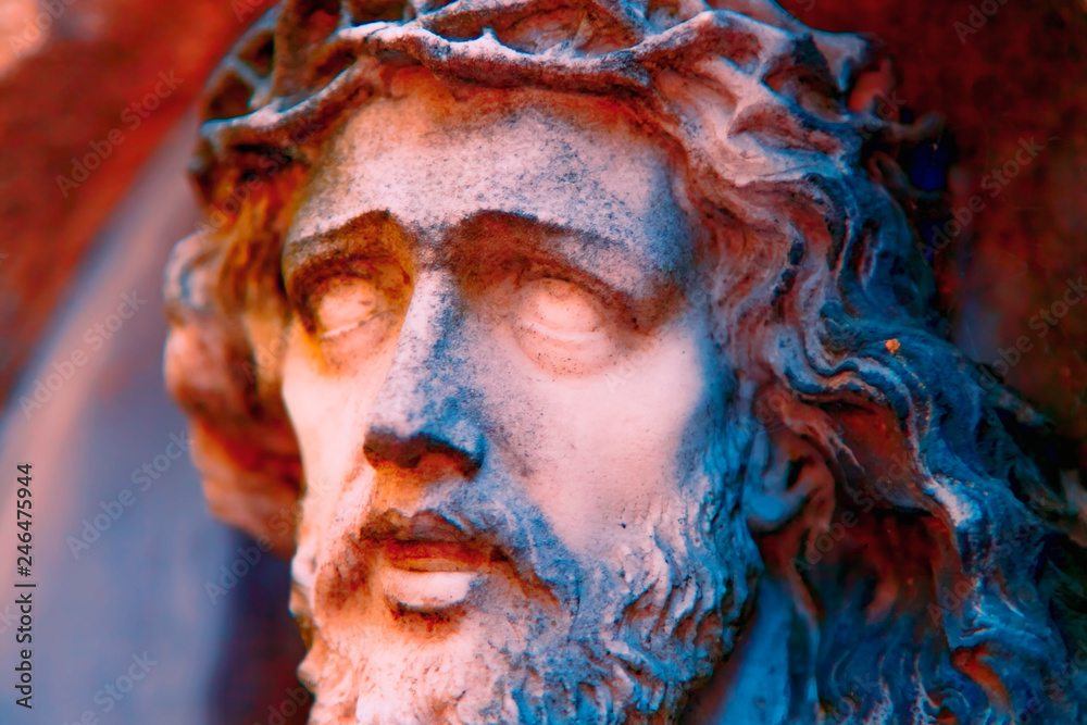 Fragment of antique statue the suffering of Jesus Christ. Good, faith, religion concept.