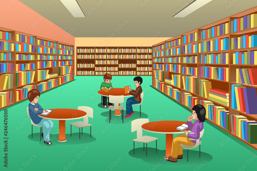 Group of School Kids Studying in Library Illustration