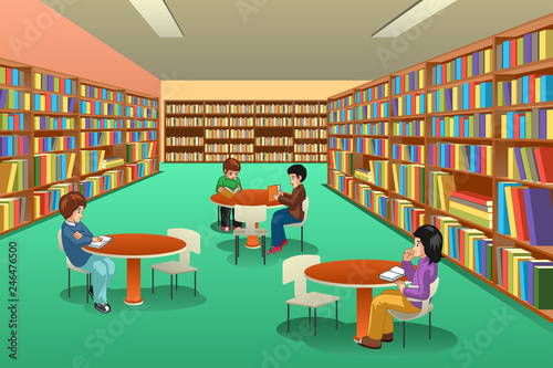 Group of School Kids Studying in Library Illustration