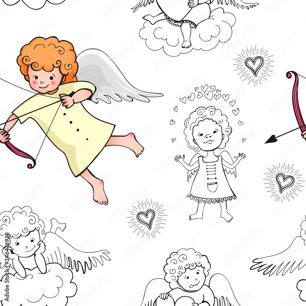 Cute baby seamless pattern with lovely doodle cupids isolated on white background. Vector illustration for Valentine's Day concept design