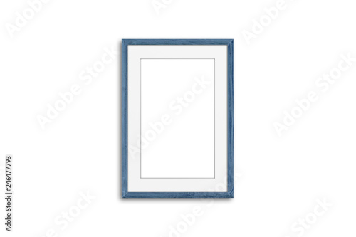 Blank photo frame mock up, grey blue realistic wooden framework isolated on white background