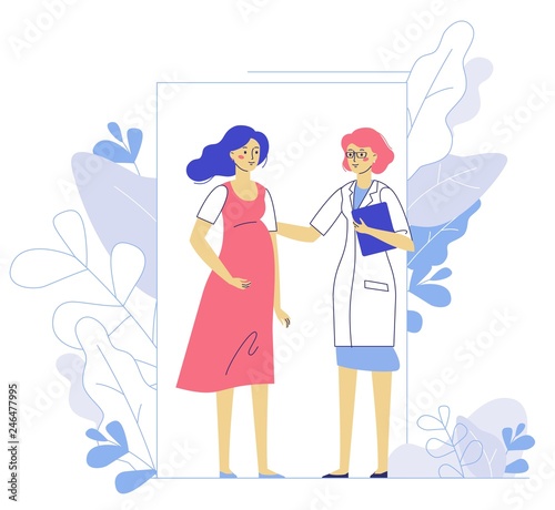 Medicine concept of pregnancy with doctor and young girl patient in hospital. Practitioner and pregnant woman standing together. Consultation, medical examination and diagnosis.