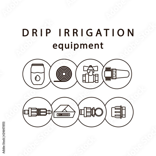 Drip irrigation. Line icons of equipment for irrigation system in the garden area.